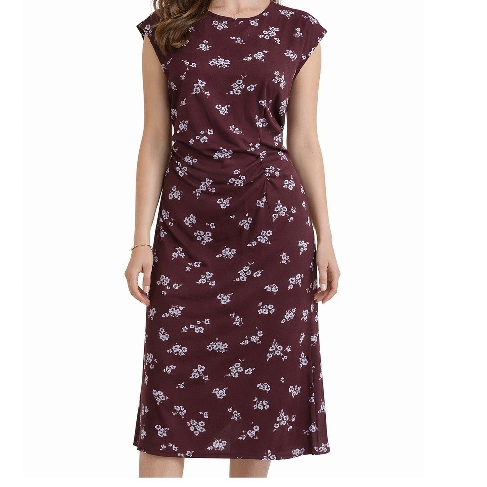 A New Day Floral Ruched Midi‎ Dress Women's M Burgundy Blue Satin Side Slit NWT